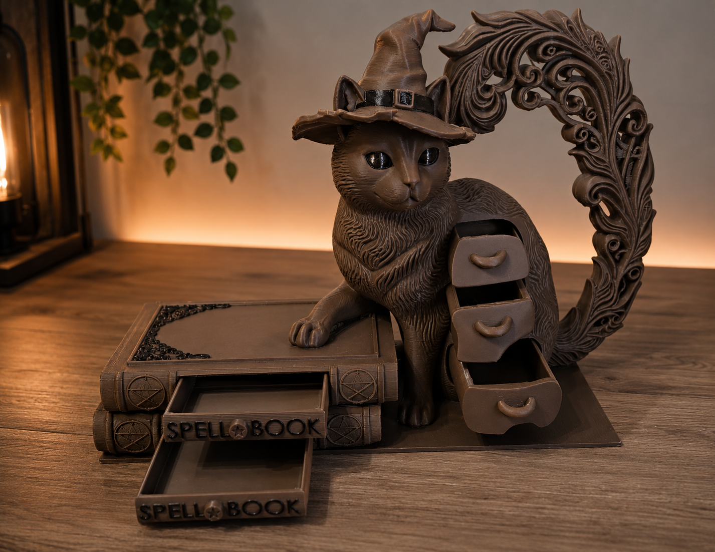 Obiect decorativ 3D în formă de pisică cu pălărie și sertare